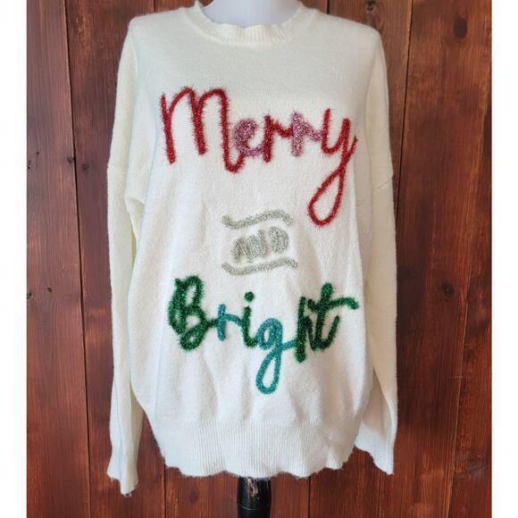 Pink Lily Small Merry & Bright Oversized Christmas Sweater Multicolor Sparkle🎄 - Picture 1 of 14